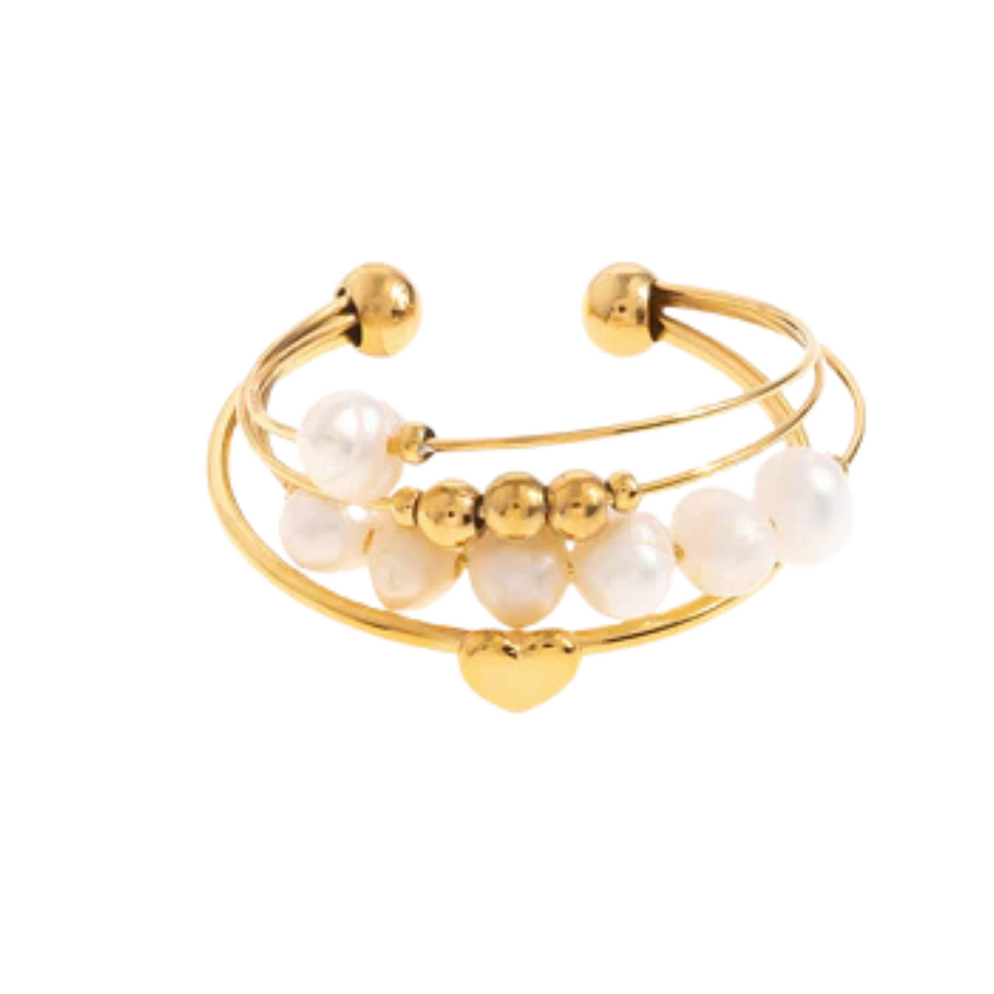 Statement ring med pärlor & hjärta i guld – justerbar lager-på-lager-design